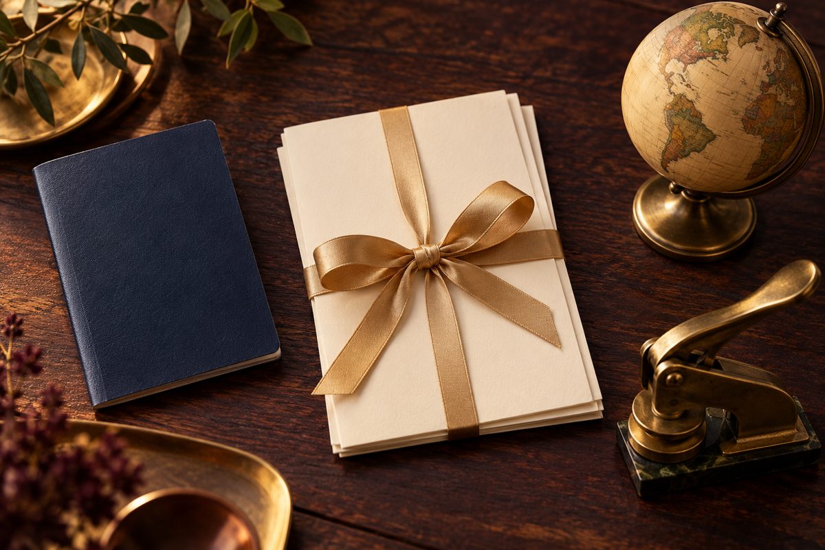 A passport, ribbon-tied documents, a brass embossing seal and a globe ready for international use