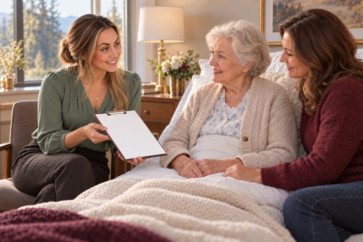 A notary presenting documents at the bedside of an elderly woman with her daughter beside her
