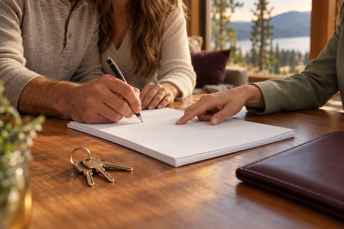 Signing a loan package at a closing table with house keys beside the documents